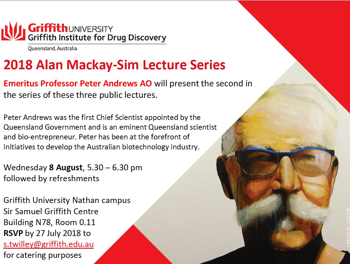 GRIDD_GU's tweet photo. @GRIDD_GU is honored to host special guest speaker Emeritus Prof Peter Andrews AO, former #QLDChiefScientist, to present a talk at Alan's Mackay-Sim Lecture Series. Please RSVP by 27th July to s.twilley@griffith.edu.au. Please RT
#BeRemarkable @Griffith_Uni https://t.co/2pi5Gl6oQM