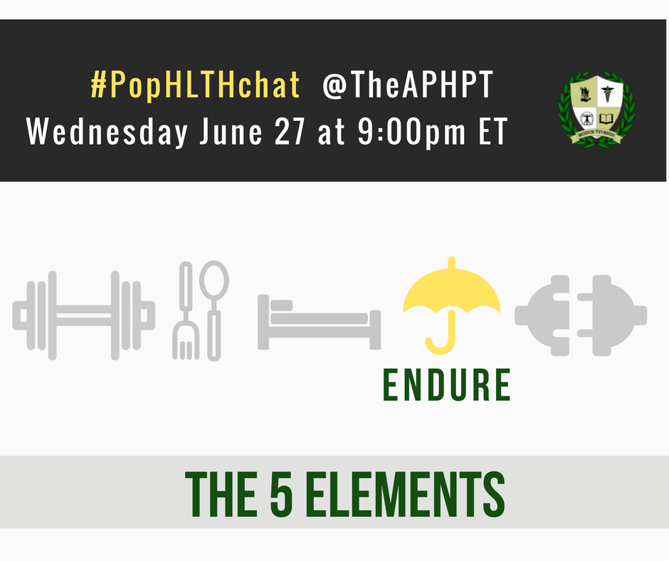 TheAPHPT's tweet photo. #PopHLTHchat this Wed!! This month we'll be discussing the importance of the ability to #ENDURE life's elements - join the conversation @ 9P ET 6/27! #pophealth #prevention #wellbeing #healthpromotion #PTversion2 #PTrev #healthandwellbeing #hcldr https://t.co/SaKCBS92b7