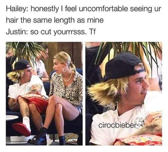 xfuckbieberx's tweet photo. Traducción: “Hailey: Me siento incómoda viendo tu pelo el mismo largo que el mío
Justin: Entonces cortate el tuyo“...
#Jailey #Jaileyisback https://t.co/MGPpsR4xor