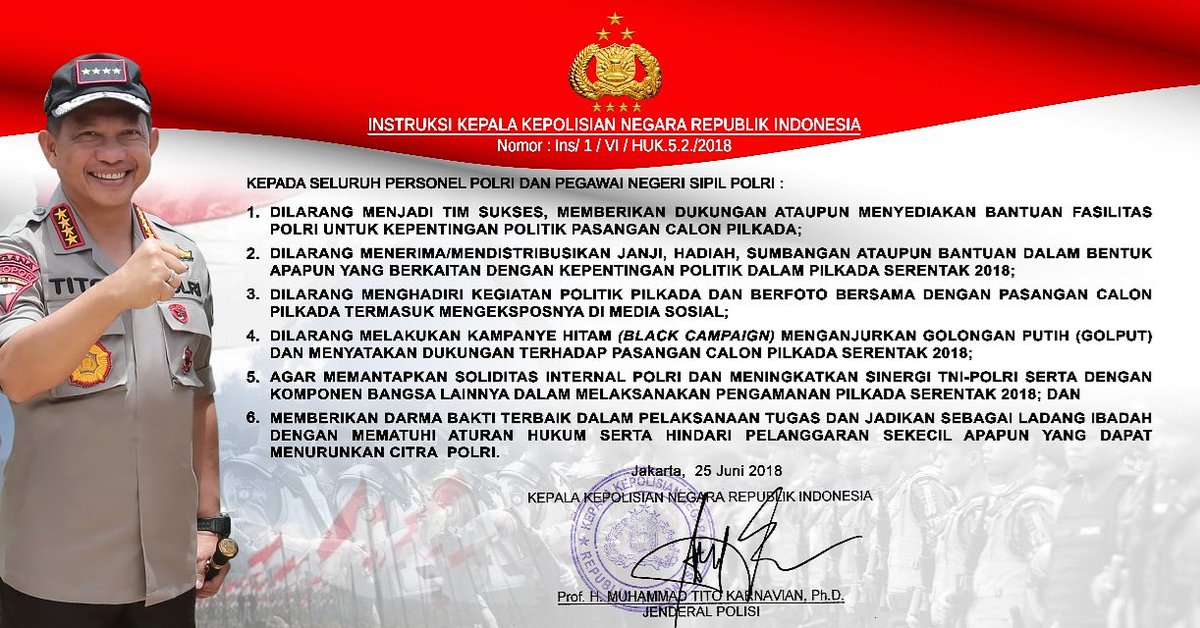 ItwasdaKalbar's tweet photo. INSTRUKSI KEPALA KEPOLISIAN NEGARA REPUBLIK INDONESIA #poldakalbarberkibar #zeroillegal #zerotolerance #thebestpol #viral #pilkadakalbar2018 #pilkadadamai #pilkadaserentak2018 #pilkadaaman https://t.co/Af80qtZHuy