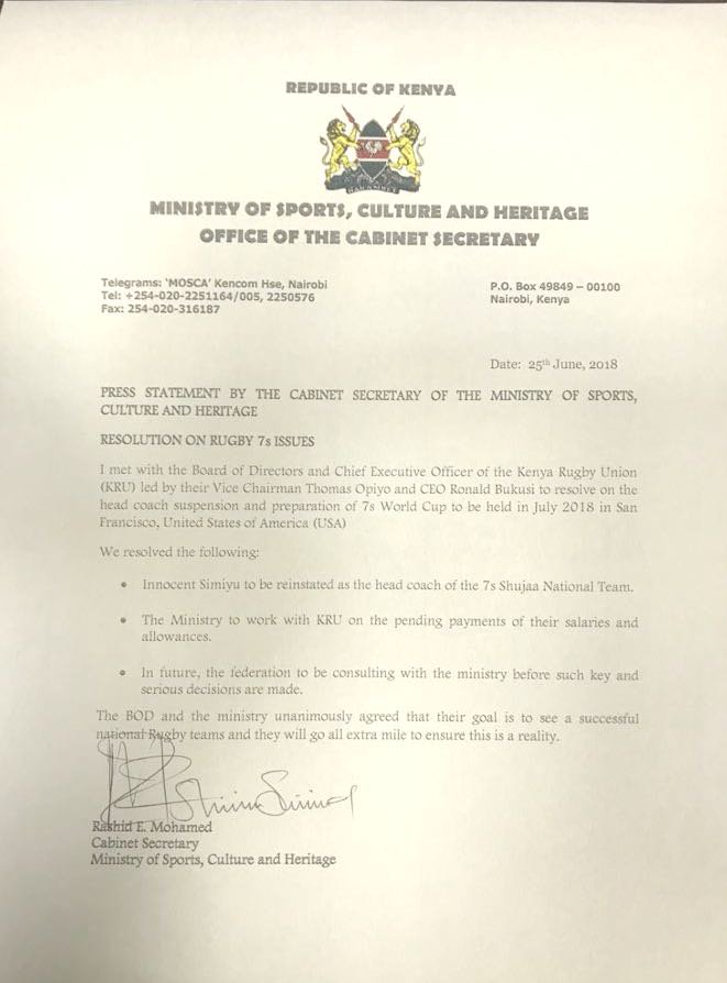 HomeboyzRadio's tweet image. The @KenyaSevens coach @isimiyu has been reinstated following talks between @moscakenya  and @OfficialKRU.Share with us your Thoughts? #GMITM #javalenanaroad