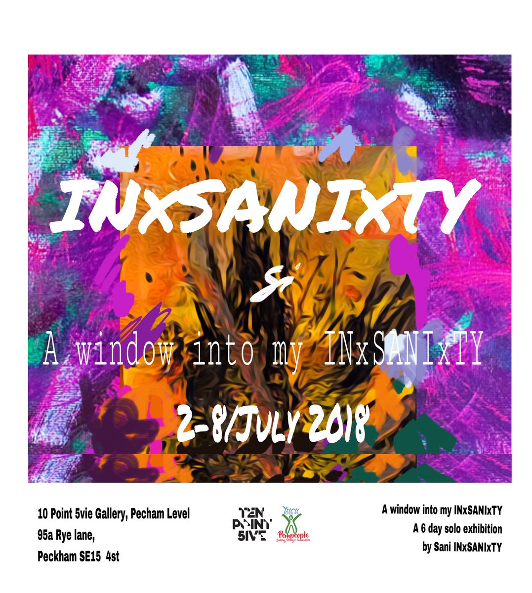 inxsanixty's tweet photo. With just 5 days to go I would love to welcome everyone to a window into my INxSANIxTY my first solo exhibition this year and the third instalment of my annual INxSANIxTY exhibitions I promise a better experience that the last 🎨💪🏾 #art this one for #Peckham https://t.co/2dLWlHxV4a