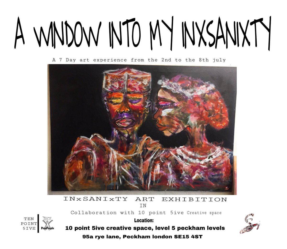 inxsanixty's tweet photo. With just 5 days to go I would love to welcome everyone to a window into my INxSANIxTY my first solo exhibition this year and the third instalment of my annual INxSANIxTY exhibitions I promise a better experience that the last 🎨💪🏾 #art this one for #Peckham https://t.co/2dLWlHxV4a