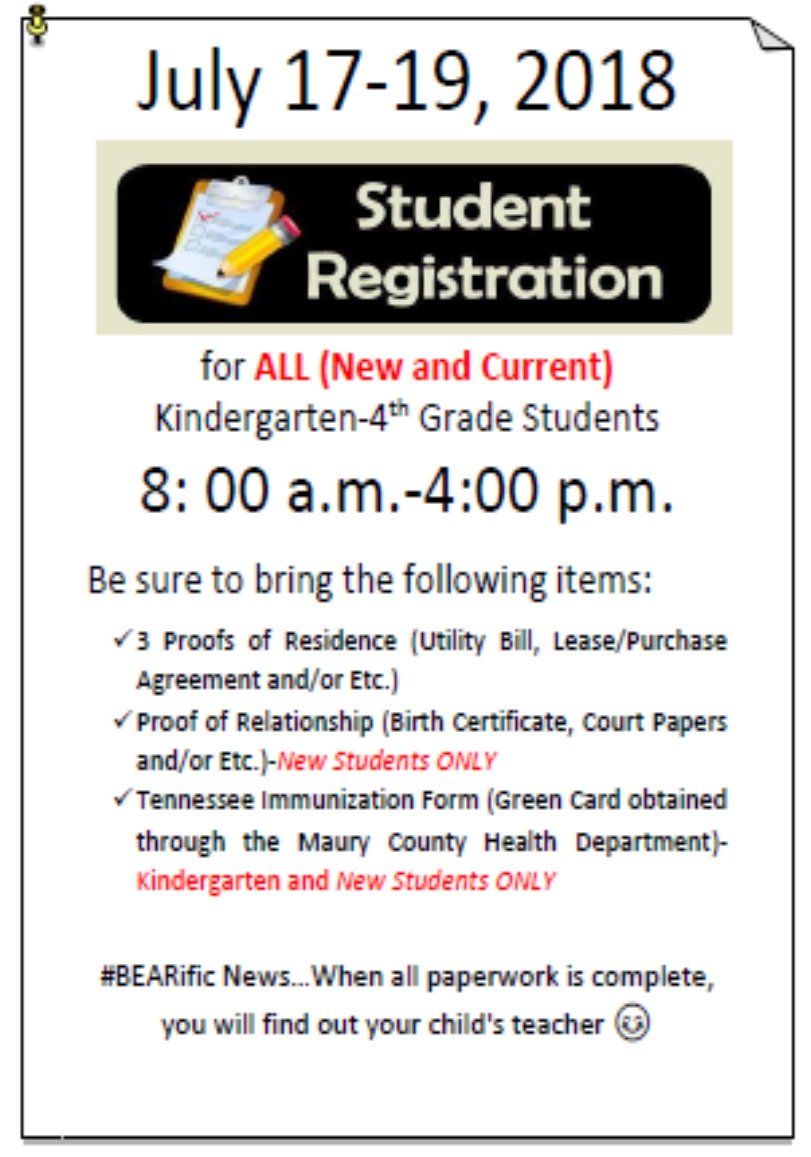 NiElleTunia's tweet photo. JBES Registration Day
#BEARificNews When ALL paperwork is complete, you will find out your child's teacher. If you have any questions/concerns, please call our front office (931)388-3601. Don't forget to visit our school website https://t.co/NscqZAwQ9G
@JBESBears @JBESPrincipal https://t.co/tekH1Ogic2