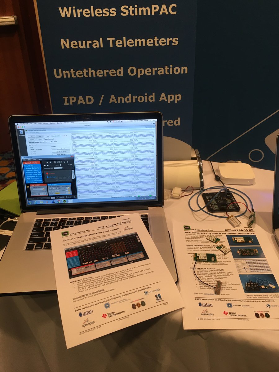 dspwi's tweet photo. Day 2 at #NIC2018 in the @MicroLeadsNeuro booth. Stop by to see Micro-Leads Inc electrodes and closed-loop stim/record.  @dspwi is showing a new @OpenEphys plugin and of course the RCB-LVDS 32-ch WiFi recording for Intan RHD headstages. #openscience #neuroscience https://t.co/c09cZXDsTX