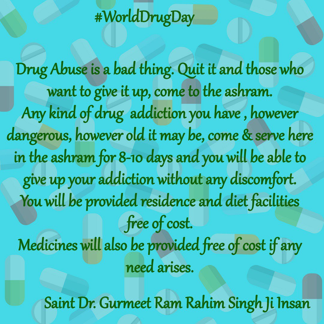 MSGians7's tweet photo. Helping out drug addcits to quit their ill habits in every possible way, Saint @Gurmeetramrahim
singh Ji through method of meditation made even high drug addicts now a social well being as they leave the drug abuse &amp; now, they also spread words against these vices.
#WorldDrugDay https://t.co/dopHgUKPXS