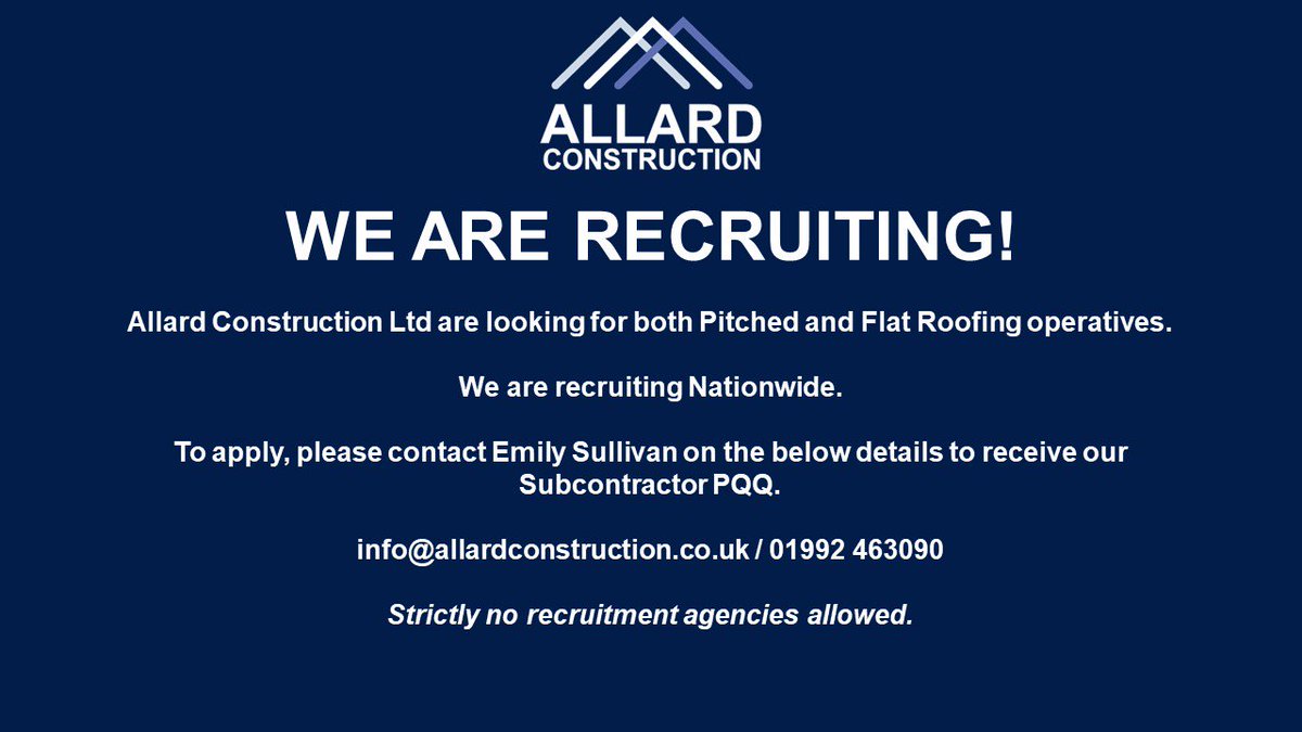 allardltd's tweet photo. We are on the look out for both Pitched and Flat Roofing operatives! Looking to recruit nationwide. Details below: #flatroofing #pitchedroofing #ConstructionJobs https://t.co/uM3MKWmZMu