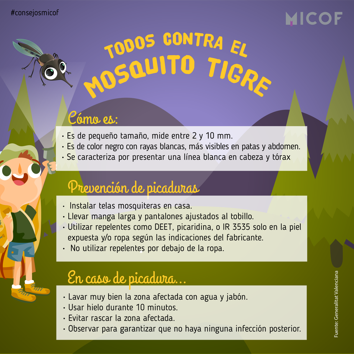 micofvlc's tweet photo. Con el calor, comienzan a proliferar el #mosquitotigre, que se ha convertido en la pesadilla de muchos por esta época. Os dejamos unos consejos sobre cómo evitar las picaduras de este molesto díptero o qué hacer si ya os ha picado. #ConsejosMICOF https://t.co/d7sEEwLhQF