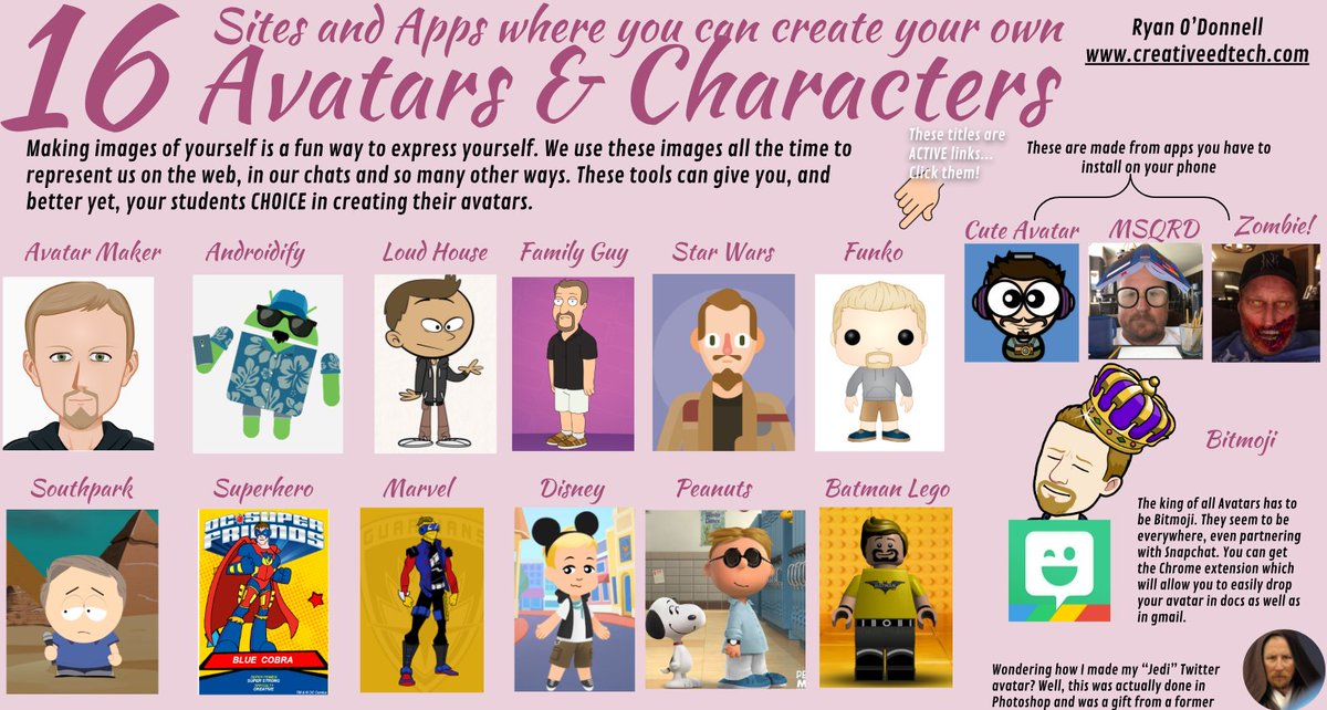 16 Sites Where You Create  Your Own Avatar
#ISTE18 #NotAtISTE  #WeAreCUE #edtechteam 
docs.google.com/drawings/d/1AB… 
You can find this and all my other lists here:
creativeedtech.weebly.com/listicles.html