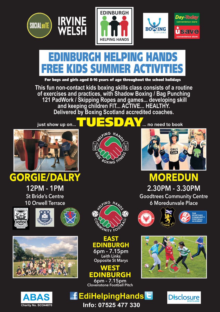 holyroodboxing's tweet photo. Next Tuesday 

#GorgieDalry 
12pm - 1pm Boxing Fitness 

#Moredun 
230pm - 330pm Boxing Fitness 

#EastEdinburgh
6pm - 715pm ⚽️Coaching with @LeithAthleticFC 

#WestEdinburgh 
6pm - 715pm  ⚽️ coaching with #CurrieFC 
 
For the #Kids in the Capital https://t.co/X19QAUhH7N