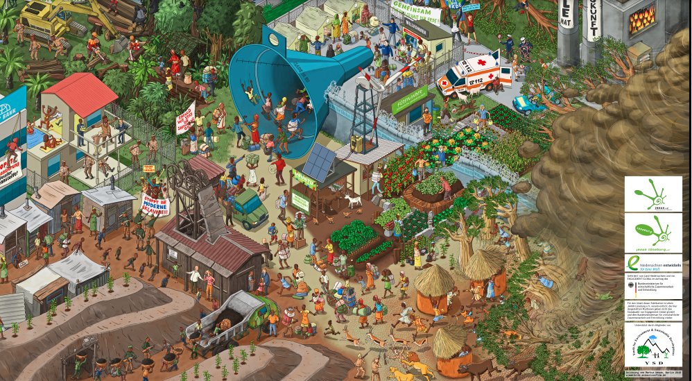 climateparade's tweet photo. Zum Thema #Klimawandel als #Fluchtursache hat @JANUN_NDS ein großartiges #Wimmelbild kreiert. Unter https://t.co/7O6zRBT29B kann das Wimmelbild digital genutzt o. gedruckt werden. @klimaschuetzer @klimadelegation @BUNDjugend @klima_netz @klima_allianz @klimareport @klimapiraten https://t.co/zTcwDNCV3X