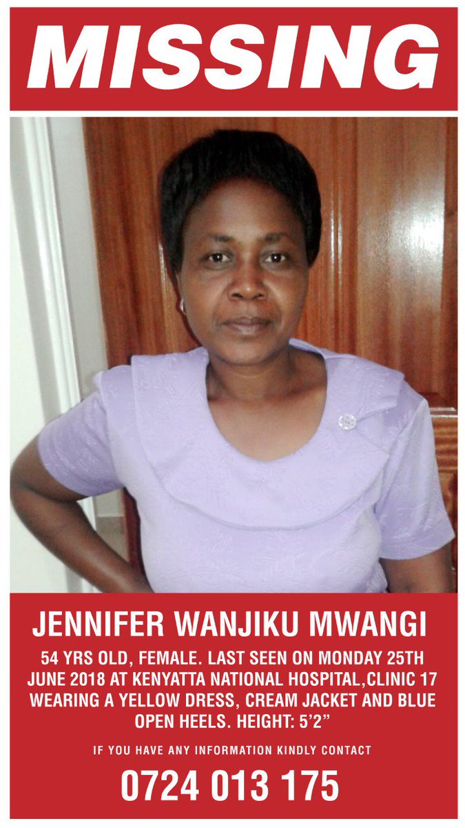 Help a family find their Mother. If you see her please call 0724013175.
Please Retweet and share widely. Play your part in helping find Jennifer