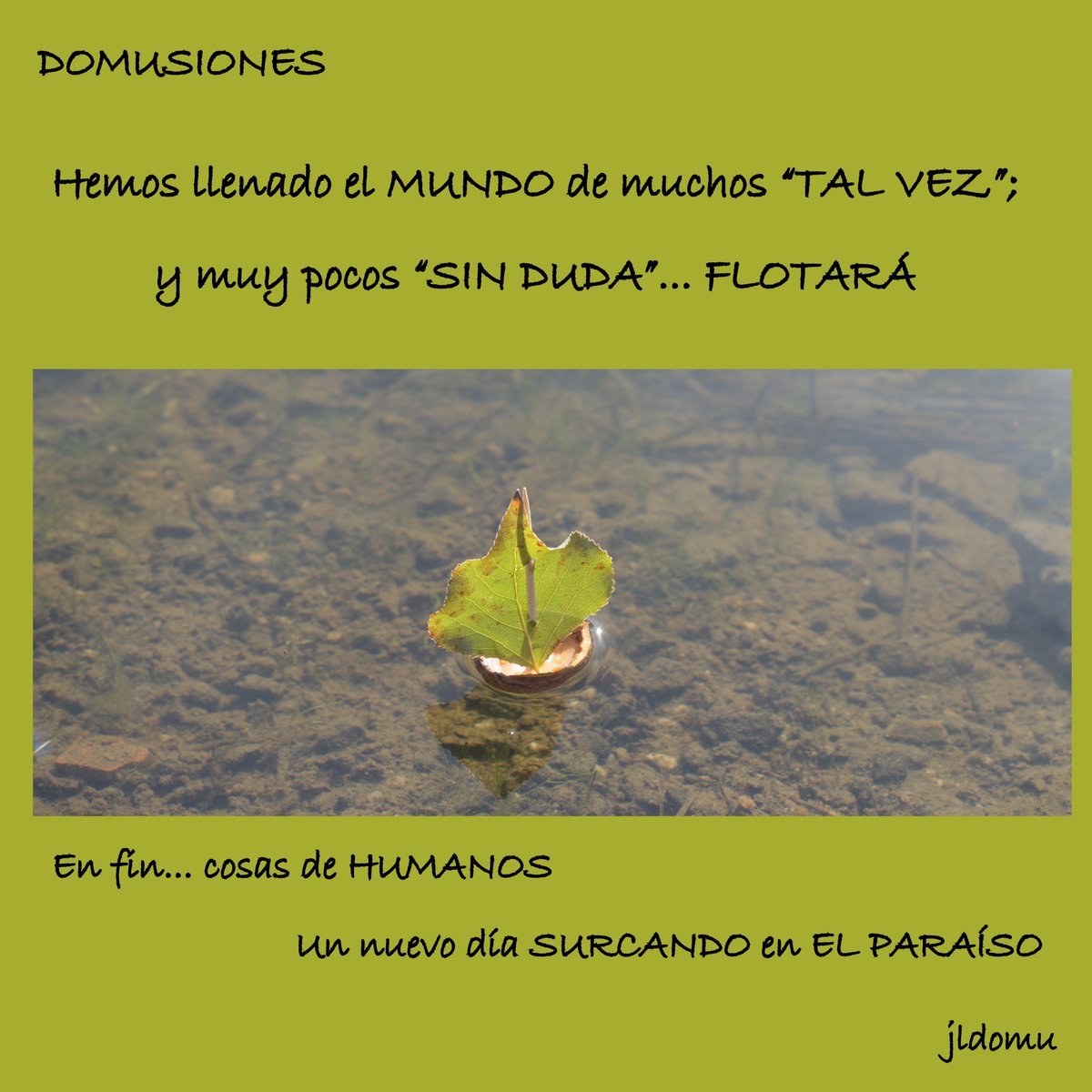 JLDOMU's tweet photo. #DOMUSIONES #MITRIBU
Hemos llenado el #MUNDO de muchos "#TAL#VEZ"; y muy pocos "#SIN #DUDA"... #FLOTARÁ
En fin.. cosas de #HUMANOS
Un nuevo día #SURCANDO en #ELPARAÍSO https://t.co/5kBAdyOFqC