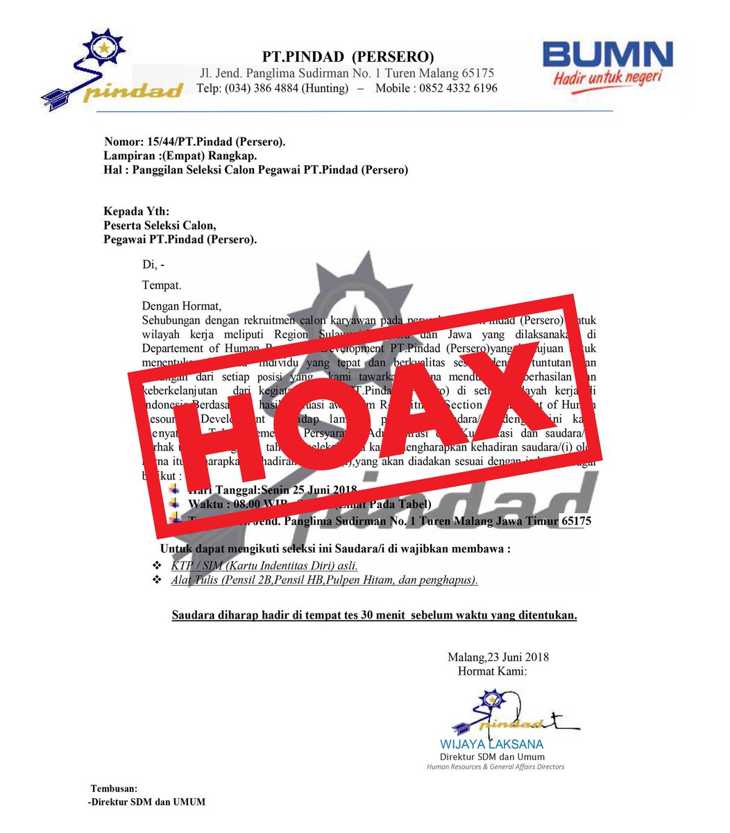 Pt Pindad Persero On Twitter Waspada Penipuan Rekrutmen Mengatasnamakan Pt Pindad Persero Yang Sedang Beredar Pindad Saat Ini Tidak Melakukan Rekrutmen Dan Tidak Pernah Meminta Sejumlah Uang Dalam Prosesnya Info Rekrutmen Resmi