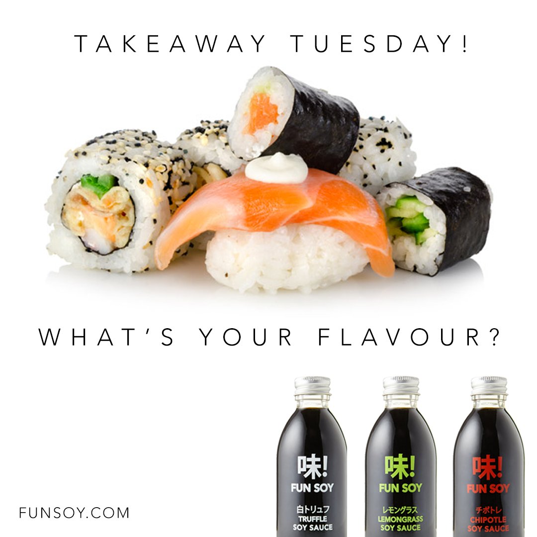 How about some Tuesday takeaway sushi?
And what's your Fun Soy flavour gonna be?
Lemongrass? (Black) Truffle? Chipotle?
#sushi #sashimi #TuesdayMotivation #Lunchtime #dinner #flavour #lemongrass #truffle #chipotle #summer2018 
funsoy.com