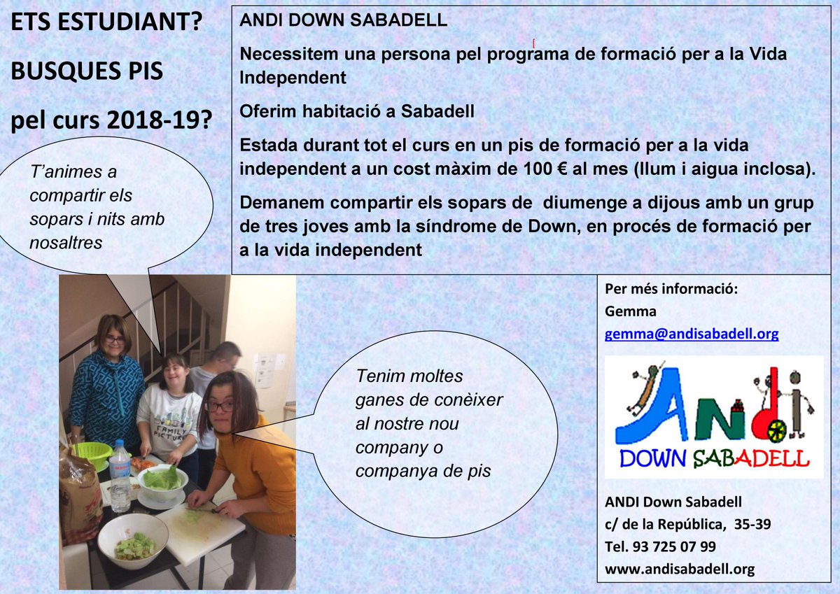 AndiDownSbd's tweet photo. 🔗ETS ESTUDIANT? ESTÀS BUSCANT PIS?
A @AndiDownSbd necessitem una persona per a compartir pis amb un grup de tres joves amb la Síndrome de Down a Sabadell.
Agrairíem la màxima difusió 🗣️
Gràcies!
#compartirpis #Sabadell #vidaindependent https://t.co/0pqxxeCkF4