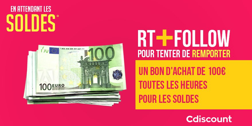 Cdiscount's tweet image. 🎁 #Concours #JePeuxPasJaiSoldes

👌 À gagner pour les #Soldes: 1 bon d'achat de 100€ à gagner toutes les heures  👉bit.ly/2Kn0ufN

🔸 Pour tenter votre chance : 
RT + Follow @Cdiscount

☑️ TAS à 10H30