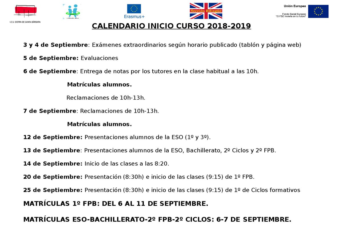 Calendario Inicio Curso 2018/2019. IES Sierra de Santa Bárbara - Plasencia
iessierradesantabarbara.educarex.es/index.php/secr…