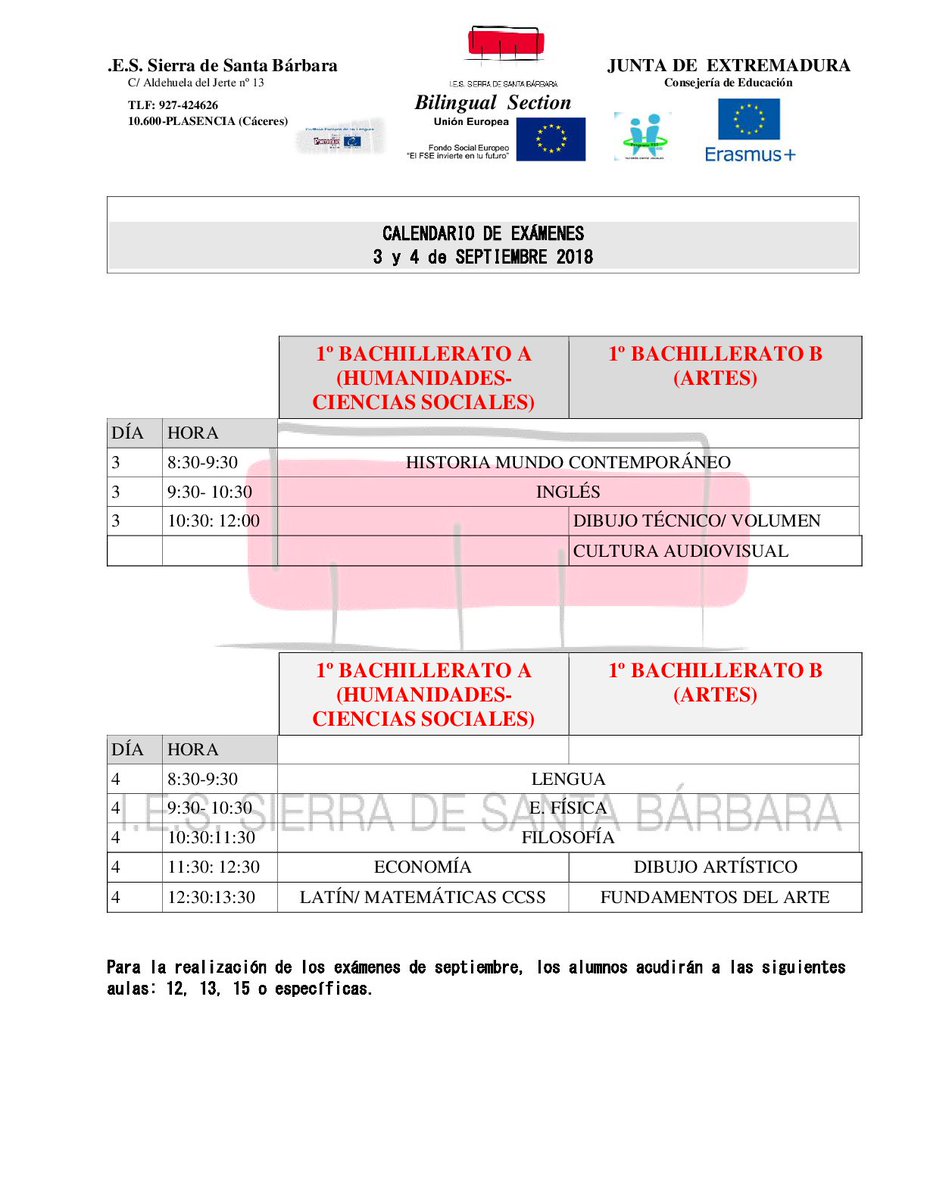 Calendario de Exámenes 3 y 4 de Septiembre 2018. IES Sierra de Santa Bárbara - Plasencia
iessierradesantabarbara.educarex.es/index.php/secr…