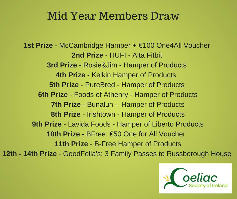 CoeliacIreland's tweet photo. Need to renew your membership? Do so by July 6th and you could win one of these amazing prizes! Draw open to all current members.😃 https://t.co/Vrttj6aYuy