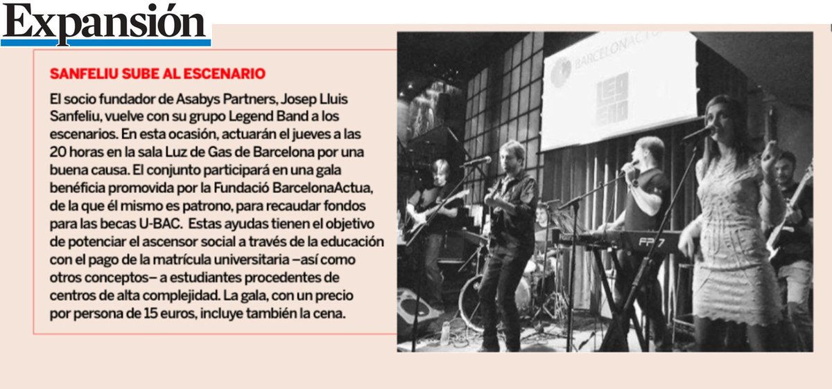 barcelonactua's tweet photo. Ahir vàrem ser notícia a @expansioncom arran del concert #legendbandforbequesubac d'aquest dijous! I tu, a què esperes per a reservar la teva entrada i sumar-te al repte? https://t.co/cZFd9JNwzK
@jsanfeliu #barcelonactua #legendband https://t.co/t4My63EKLM