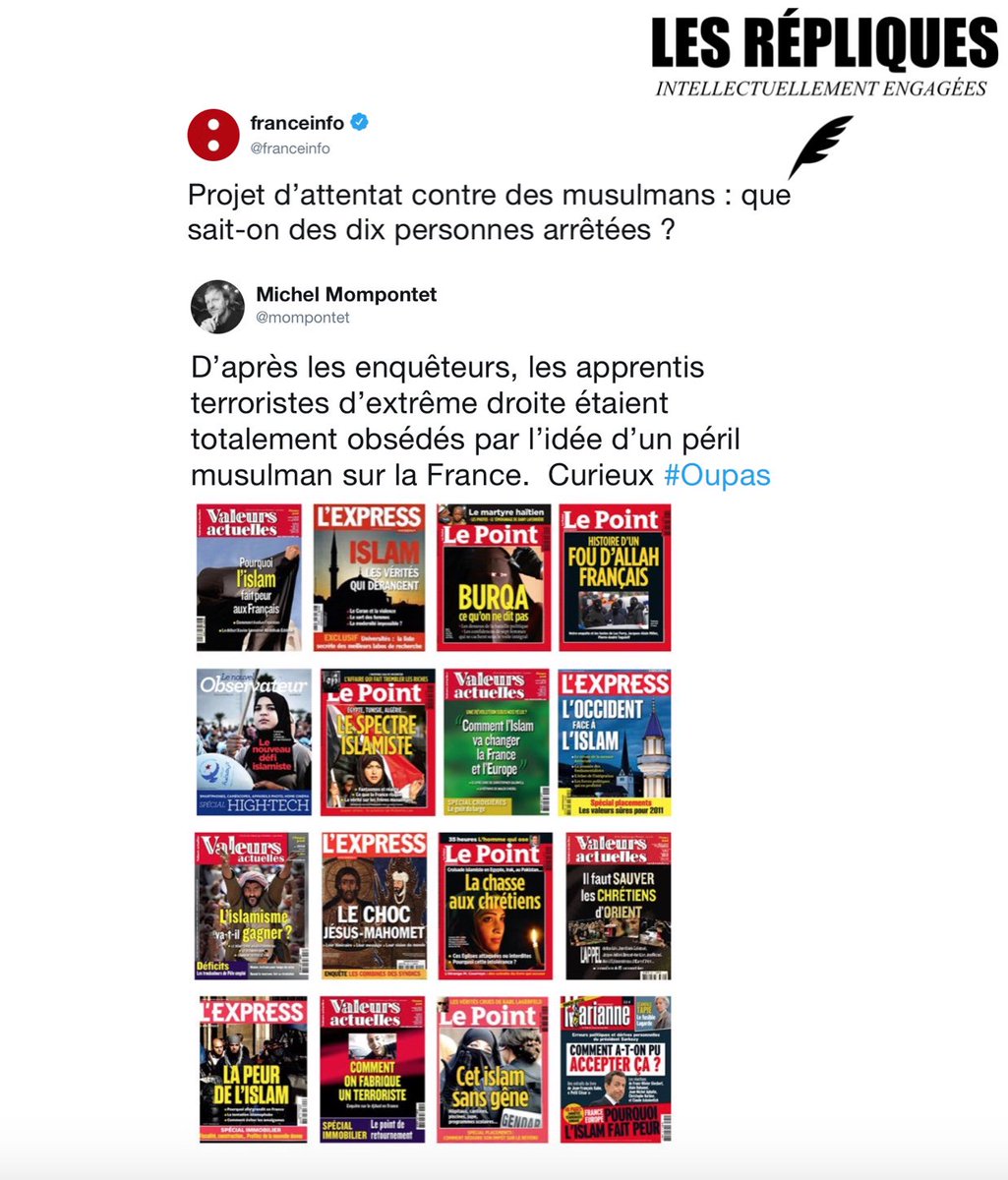 Les_Repliques's tweet photo. Projet d'attentat contre les musulmans : les profils des apprentis terroristes identifiés. Le groupe était dirigé par un ancien policier à la retraite

@mompontet https://t.co/GDfq95gFwd