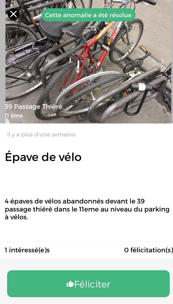 <a href="/PaulSimondon/">Paul Simondon</a> <a href="/C_Najdovski/">Christophe Najdovski</a> <a href="/ParisEnSelle/">Paris en Selle</a> <a href="/maopeninou/">mao peninou</a> <a href="/ACORDEBARD/">Alexandra Cordebard</a> <a href="/Mairie10Paris/">Mairie du 10e</a> Bonjour, <a href="/Parisjecoute/">Paris j'écoute</a> <a href="/Mairiedu11/">Mairie du 11e</a>, l’application #dansmarue est très utile, cependant j’ai signalé il y a plusieurs mois des épaves de vélos saturant un parking 2 roues passage de Thiéré, les étiquettes «enlèvement demandé»ont été posées, mais les vélos n’ont jamais été retirés.