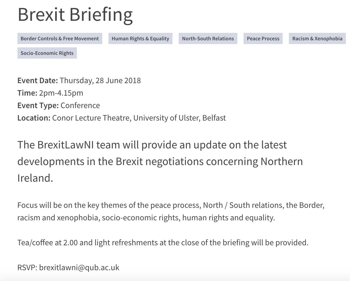BrexitLawNI's tweet photo. Brexit Briefing:  Thursday, 28 June 2018,  2pm-4.15pm
Location: Conor Lecture Theatre, University of Ulster, Belfast
The BrexitLawNI team will provide an update on the latest developments in the Brexit negotiations concerning Northern Ireland.
https://t.co/H1pw24thLm https://t.co/GxRqQudyaR