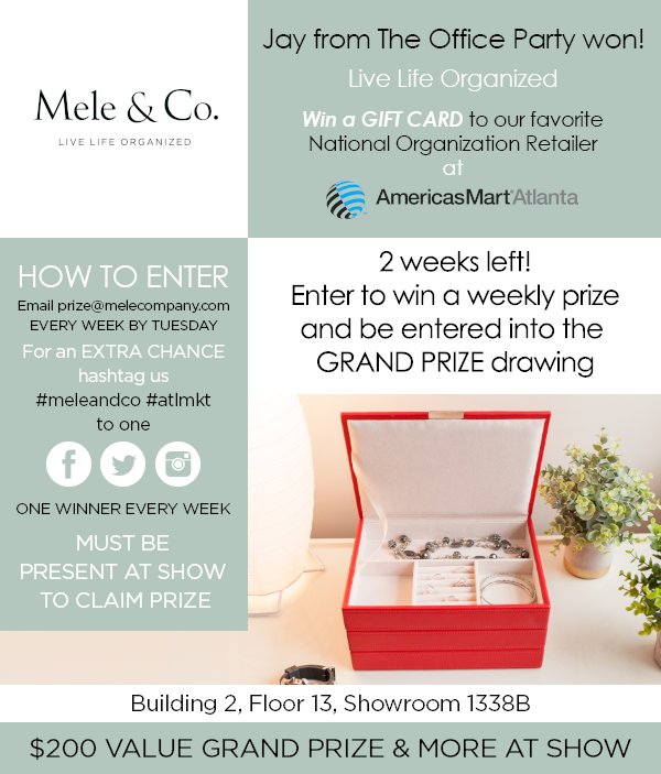meleandco's tweet photo. We have a #winner in this weeks Wholesaler Drawing leading up to the years biggest tradeshow #ATLMKT. If you plan on attending, drop us an email (directions below) all winners are then entered into our Grand Prize drawing. #meleandco #livelifeorganized https://t.co/NXD2C3tBLD