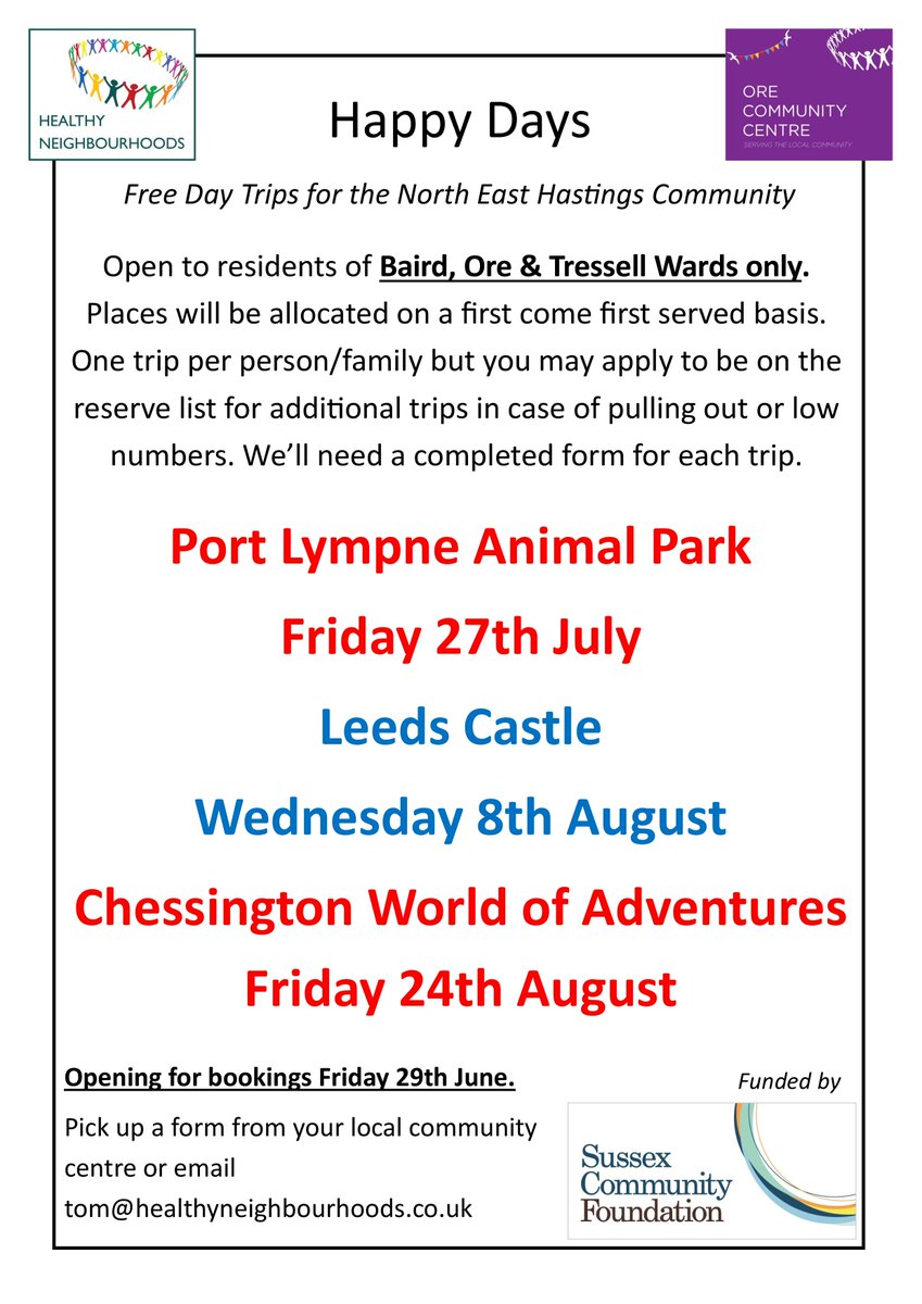 Booking forms will be available from Friday in the local community centres, from us at the Healthy Neighbourhoods office, or by email from tom@healthyneighbourhoods.co.uk
You can also contact us for more information at 01424 728731 or find us online at healthyneighbourhoods.co.uk