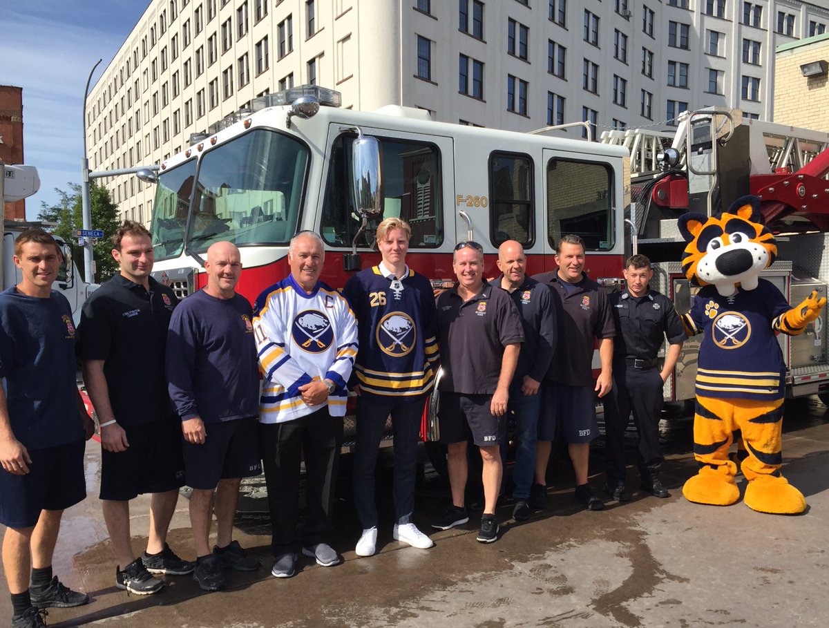 #1 on the ice &amp; in the community.

Gilbert Perreault &amp; Rasmus Dahlin with Ladder 5, Seneca Street. 🚒👨‍🚒