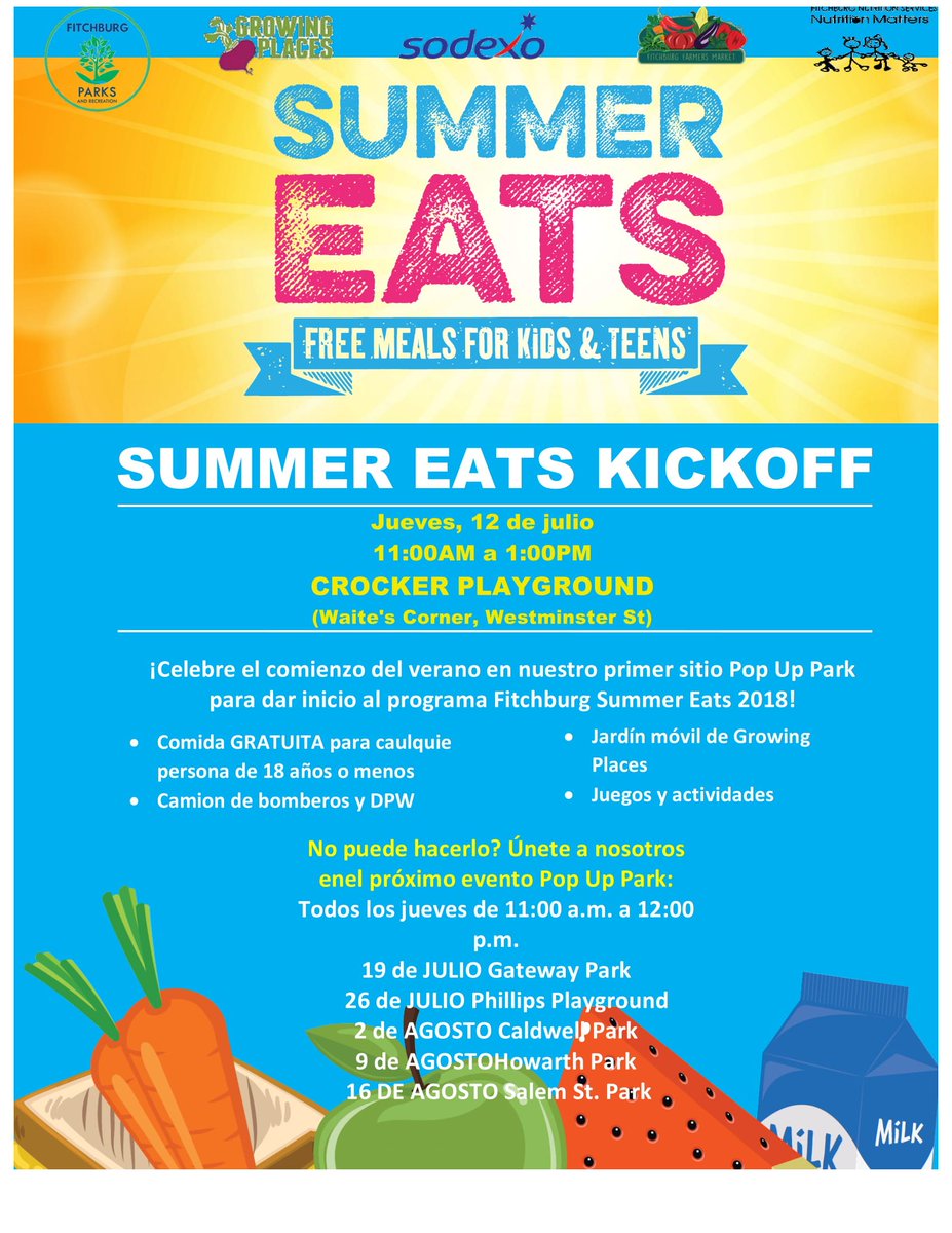 Summer Eats Kickoff - Free meals for kids &amp; teens -- is Thursday, July 12 at Crocker Playground (11 a.m. to 1 p.m.). You don't want to miss the first Pop Up Park site this summer! <a href="/GrowingPlaces/">Growing Places</a> <a href="/Fitchburg365/">City of Fitchburg</a>  #freefood #fitchburg #popupparks #summereatsprogram