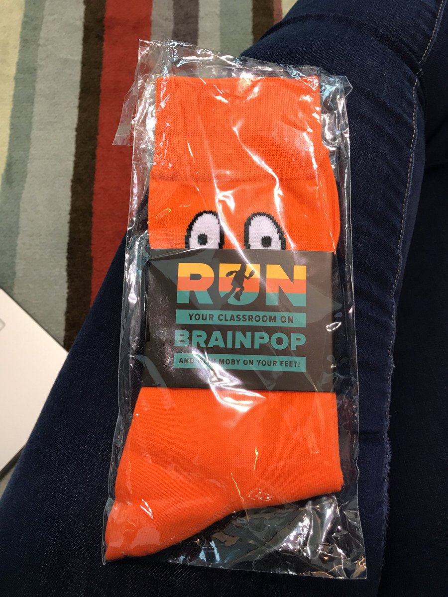 Missdielsclass's tweet photo. Waiting in line for Educator Sprint  #ISTE18  and a got a pair of Moby socks! Thanks @brainpop https://t.co/RdGgGl8Gcl
