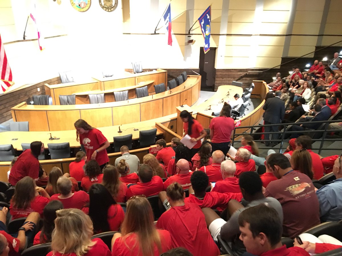 An auditorium full of red at Government Plaza. South Alabama fans, staff, players and alumni here to ask City Council for money to help build their on-campus stadium <a href="/FOX10News/">FOX10News | WALA</a>