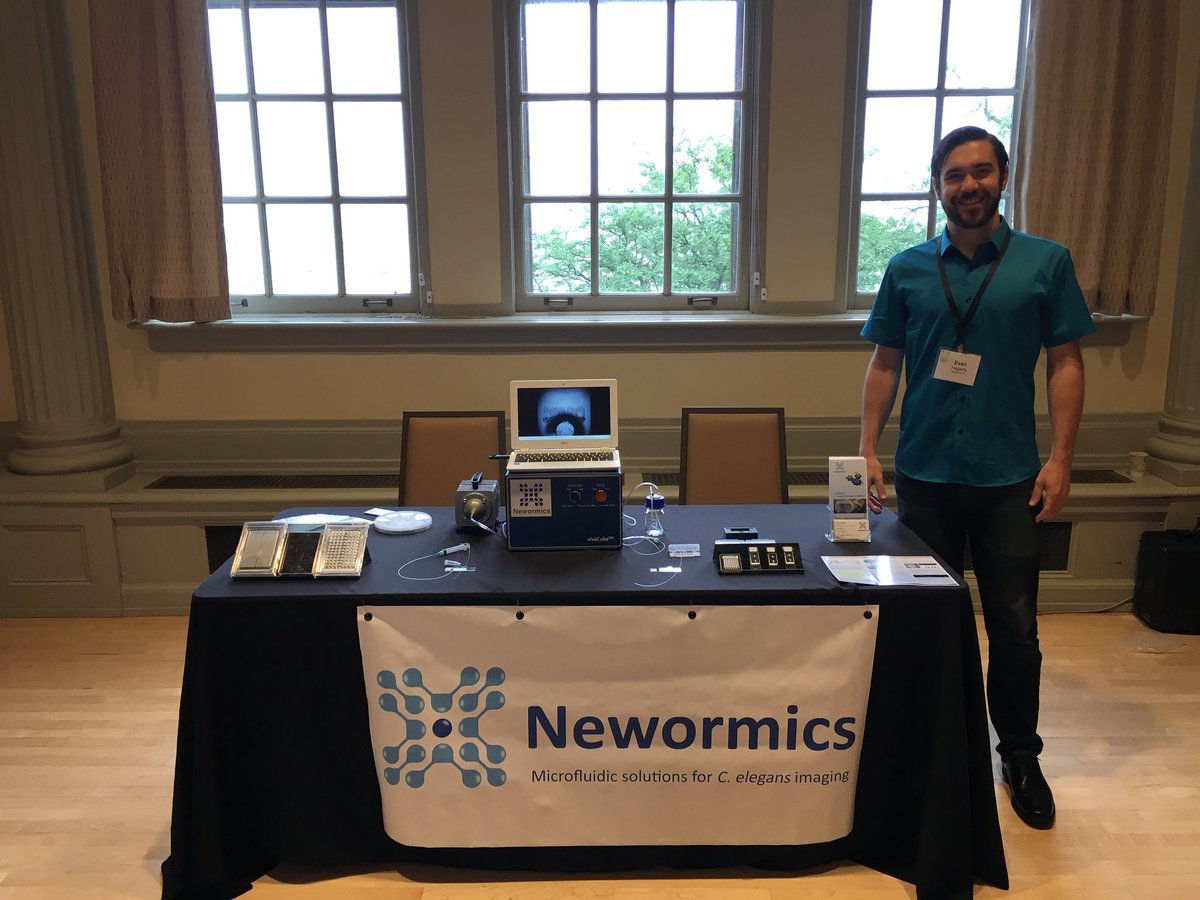 EvanHegarty's tweet photo. @newormics booth at #celegans #ceneuro2018. Come by the 4th floor (Great Hall) to say hi...I’d love to meet you and hear about your research and imaging needs! #vivoChip #vivoCube https://t.co/czMyixrpFZ