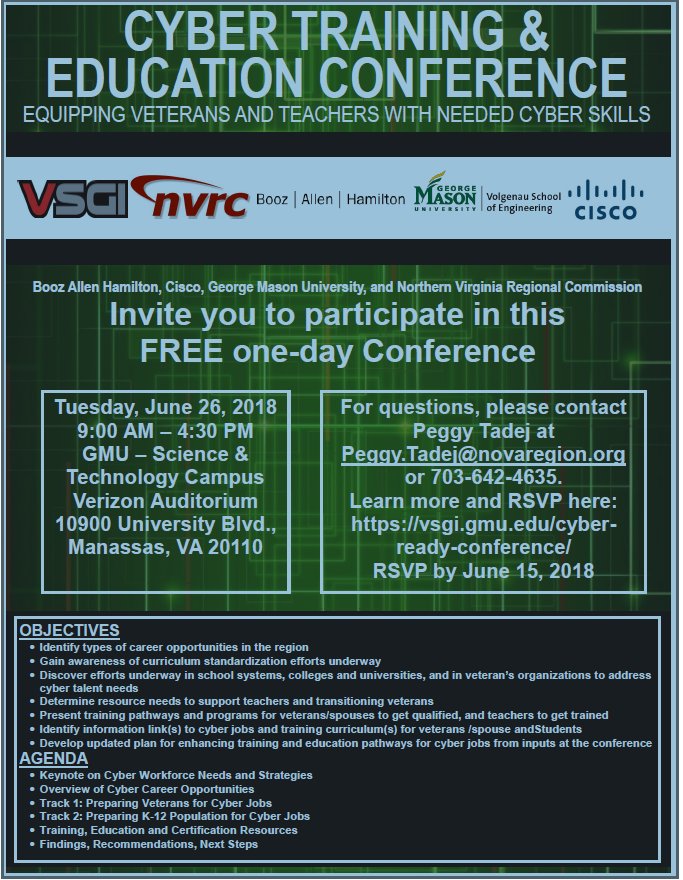VaCyberRange's tweet image. Are you #Cyber Ready? We&apos;re at @GeorgeMasonU Cyber Training and Education Conference today! #VACyber | vsgi.gmu.edu/cyber-ready-co…