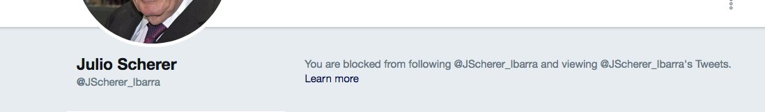 ¿Cuál fue la respuesta de #JulioSchererIbarra a nuestros hallazgos?

¿Argumentos? ¿Documentos? ¿Razones?

...No. El abogado personal de <a href="/lopezobrador_/">Andrés Manuel</a> nos bloqueó.