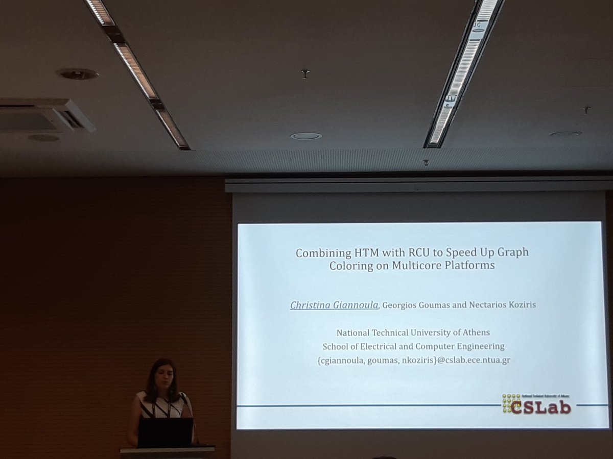 Christina Giannoula presenting her work on parallelizing the graph coloring algorithm with HTM and RCU, now, at ISC! #ISC18 #ISC2018