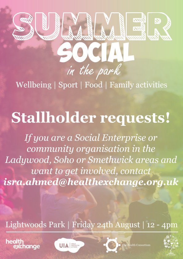 Join our exciting community event alongside <a href="/HealthExUK/">Health Exchange UK</a> <a href="/UseItUIA/">USE-IT TN</a> to promote organisations available in our local community. There will be plenty of fun activities for everyone! Get in touch if you're a community organisation based in #Ladywood, #Soho or #Smethwick