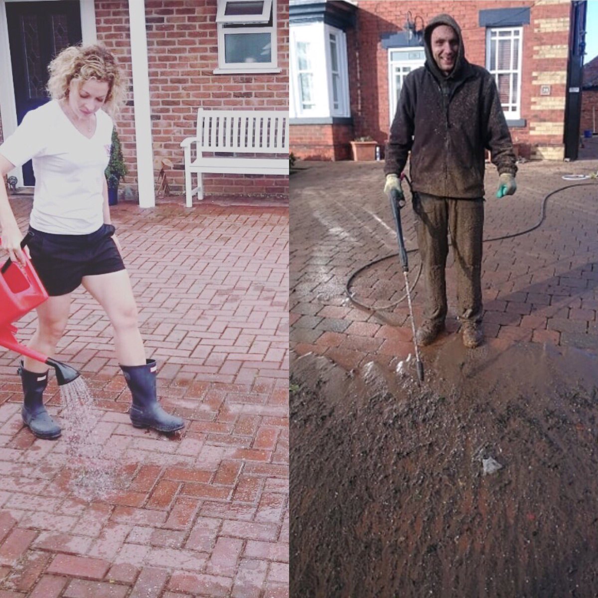 BlockBlitz's tweet photo. Perfect day to get out and apply Block Blitz to your paving #nomorejetwashing #cleanpaving Don’t be like this guy, be more like this girl #showitsomelove https://t.co/YF2uVSEtfY