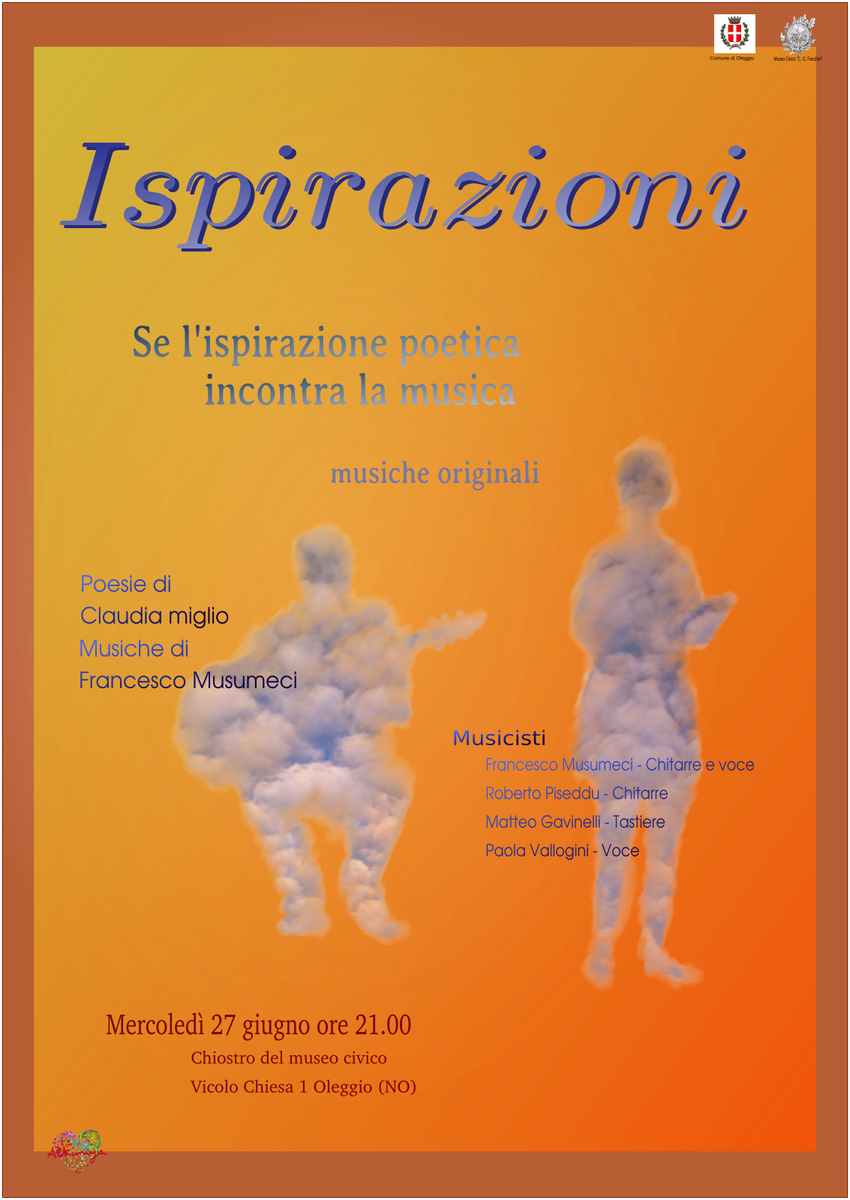 Domani sera nel chiostro del museo civico di Oleggio scopriamo insieme a Claudia Miglio e alle sue poesie accompagnate dalle musiche di Francesco Musumeci cosa succede "Se l'ispirazione poetica incontra la musica" 😍🎶

#Musica #arte #inspiration #poesia