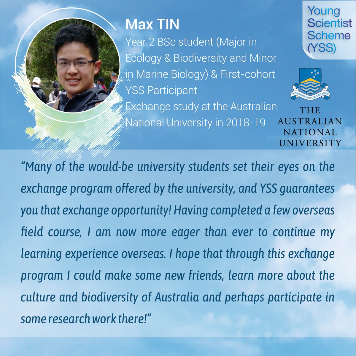 hku_science's tweet image. [HKU Young Scientist Scheme (YSS) Participants Going to Immerse Themselves in Intellectual Exchanges at Top Universities] Hear what Max Tin said about his forthcoming exchange study at ANU in 2018-19.   scifac.hku.hk/yss

#YSS  #hkuyoungscientistscheme #studyscience
