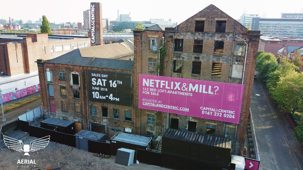 The construction industry definitely needs a little more humour like this! Netflix &amp; Mill? 
Crusader Mill from 
<a href="/CapitalCentric/">CAPITAL&CENTRIC</a> <a href="/alliesmorrison/">Allies and Morrison</a> <a href="/Artezgroup/">Artez</a> #Ancoats #Manchester #loftapartments #loft #history #neighbourhood #regeneration #aerialimagery #AerialVideoTV