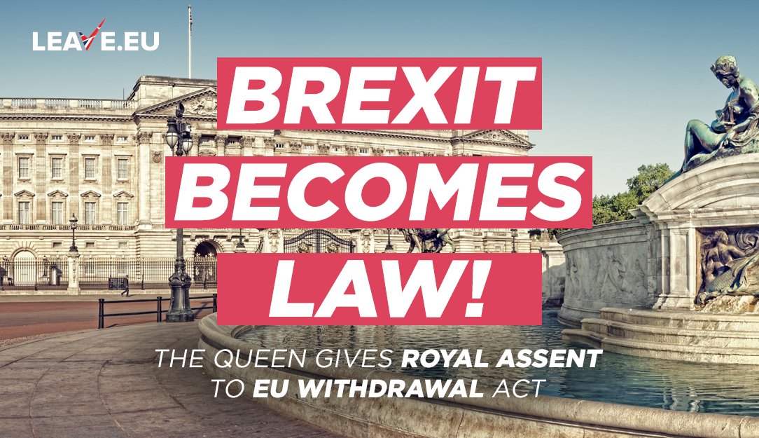 LeaveEUOfficial's tweet image. Just over two years after our historic vote to leave the European Union, the Queen has given Royal Assent to the EU Withdrawal Act. A major milestone! 🇬🇧🇬🇧🇬🇧

Read at westmonster.com/eu-withdrawal-…
Support us at leave.eu/get-involved