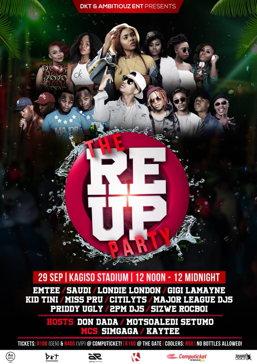 TheReUpParty's tweet photo. The line up has finally dropped🙌🙌 let's fill up Kagiso Stadium on 29th of September.
Tickets available at computicket.
#Re_Up https://t.co/CSWvbZIhvV