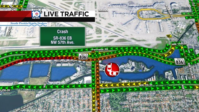 CRASH: SR-836 EB & NW 57th Ave. A left lane is blocked and delays are building. #TRAFFIC #MIAMI https://t.co/E1pH964QdL