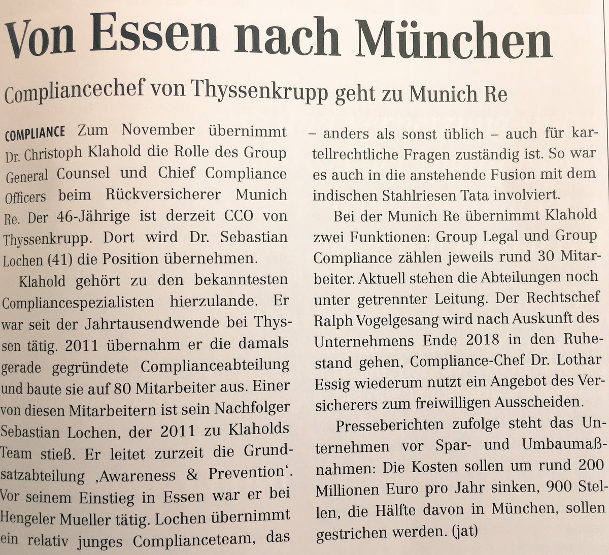 tpgerwe's tweet photo. Nach Online nun auch im neuen #Rechtsmarkt der @juvenachrichten: Christoph #Klahold geht im November zur @MunichRe, Sebastian #Lochen wird sein Nachfolger als Chief Compliance Officer bei @thyssenkrupp. #Compliance #Kartellrecht https://t.co/BMDyzVB4RD