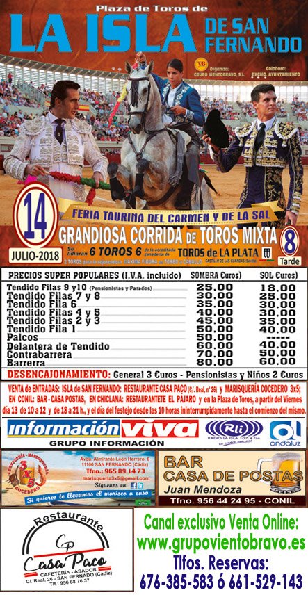 vientobravosl's tweet photo. Detalle de los precios de la Corrida de Toros Mixta de
La Isla de San Fernando.
Más información: https://t.co/Jn9b175Dp3 https://t.co/8uhh4IObtb