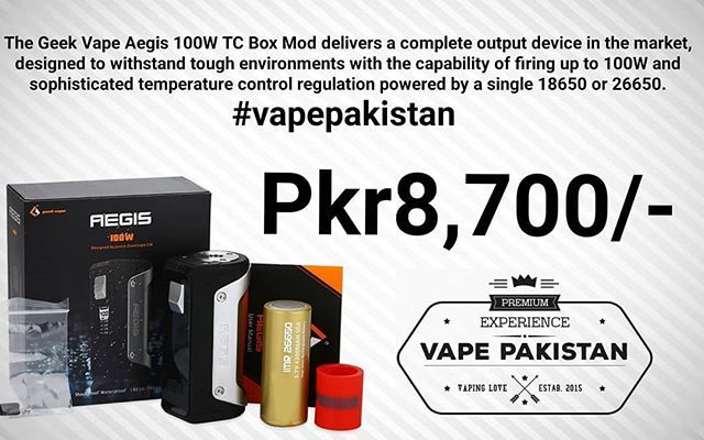 VapePakistan's tweet photo. Geek Vape Aegis 100W TC Box Mod | Single 18650/26650 Device ₨ 7,500.00

#vape #vapeporn #vapelife #vapeon #vaper #vapefam #worldwidevapers #vapefriends #vapeenthusiast #vapeeveryday #vapers #vapetricks #vapepk #vapeinstead #vapeart #vapeallday #vapes… https://t.co/MgTdBt9oHJ https://t.co/Gq6MPQUyEQ