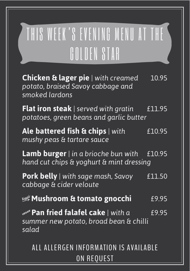 Brand new menu for you tonight folks. Watch out for weekly menu changes. Food served 6-9 Tue - Sat booking on 01603 632447
